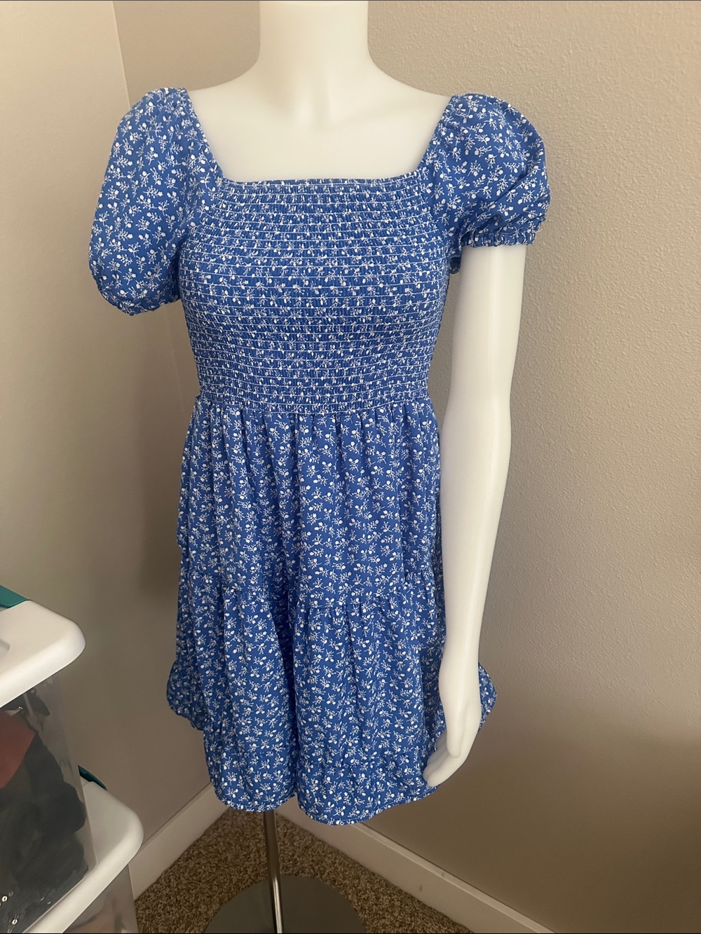 Blue Floral Smocked Puff Sleeve Mini Dress